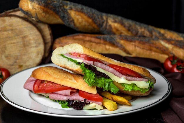 Salami sandwich with tomato, cheese and lettuce