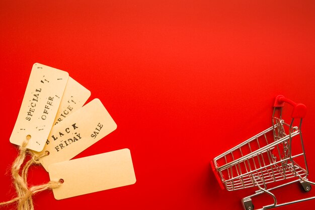 Sale labels with twists near shopping trolley 