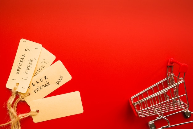 Sale labels with twists near shopping trolley 