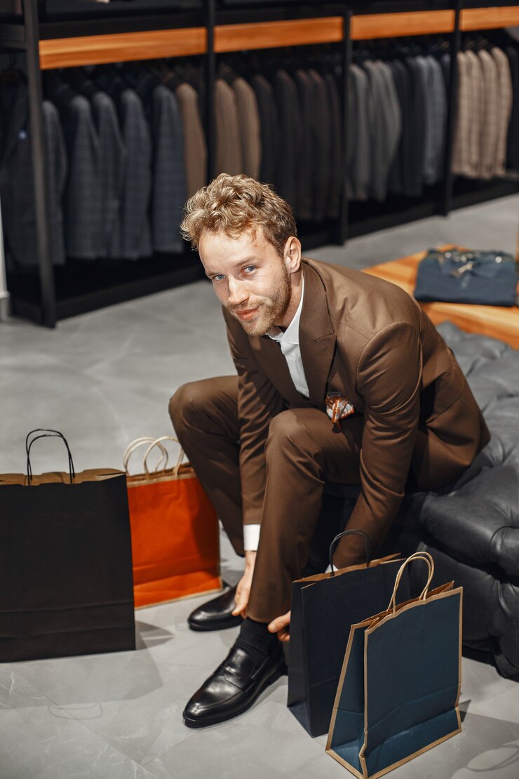 Free Photo sale, shopping, fashion, style and people concept. elegant young man choosing footwear in mall.