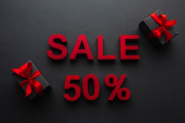 Sale with fifty percent discount and presents