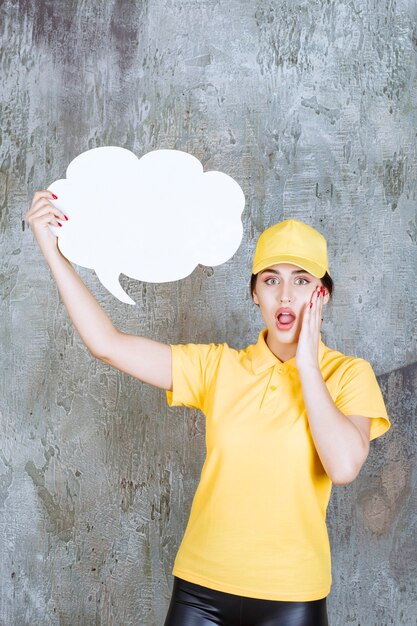 A saleswoman in yellow uniform holding a cloud shape info board and looks confused and terrified