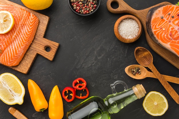 Salmon and lemon arrangement flat lay