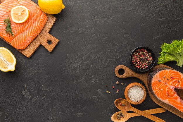 Salmon and lemon arrangement top view