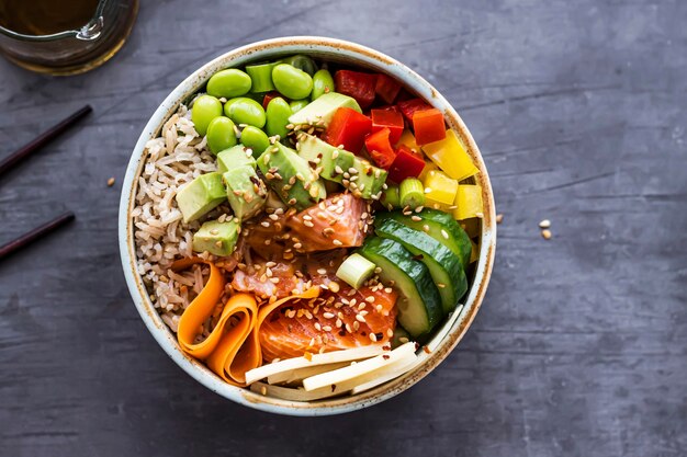 Salmon poke bowl flat lay photography