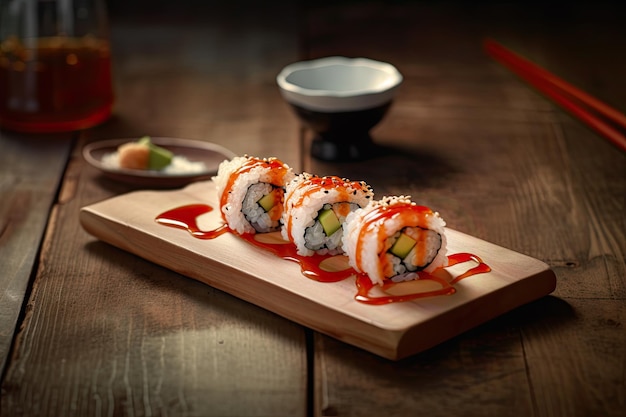 Salmon and rice sushi rolls on wooden table at restaurant Ai generative