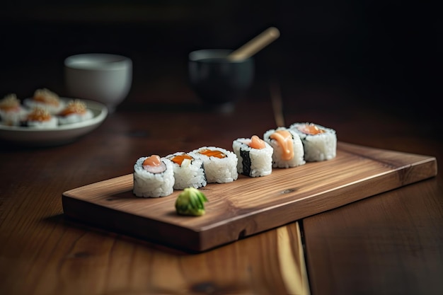 Free photo salmon and rice sushi rolls on wooden table at restaurant ai generative