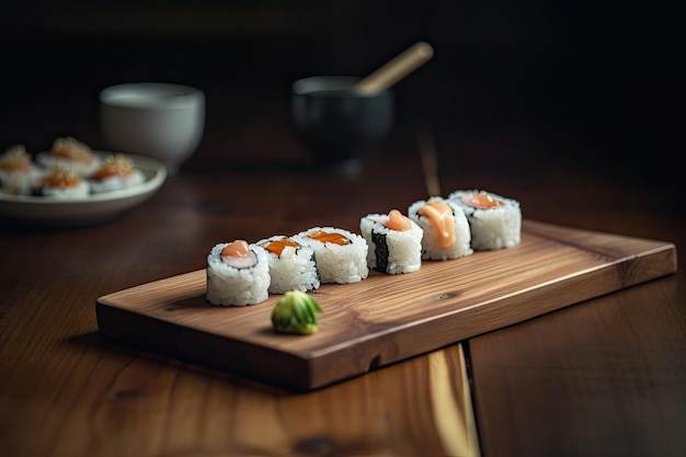 Salmon and rice sushi rolls on wooden table at restaurant Ai generative