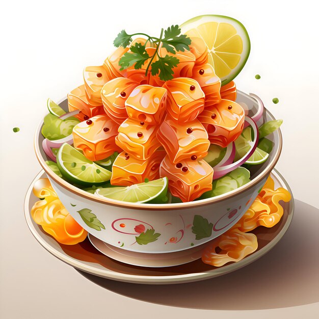 Free photo salmon salad in bowl with lime and parsley on white background