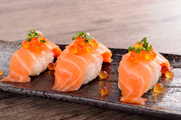 Salmon sushi with caviar
