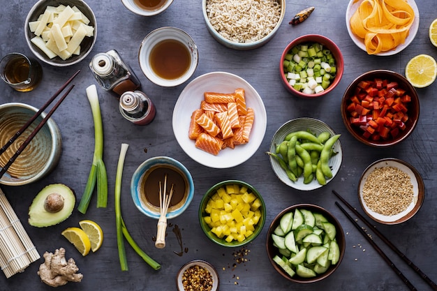 Salmon with vegetables flat lay photography