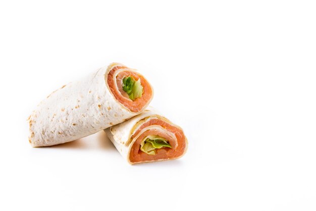 Salmon wrap sandwich roll with cheese and vegetables isolated on white background