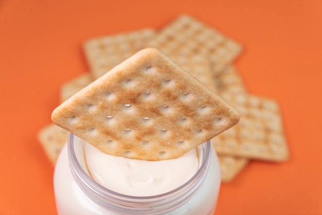 Salt cracker with mayonnaise on the orange background