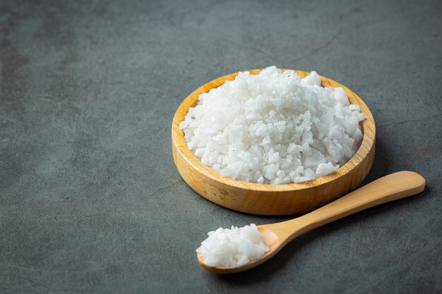 salt in wooden small plate