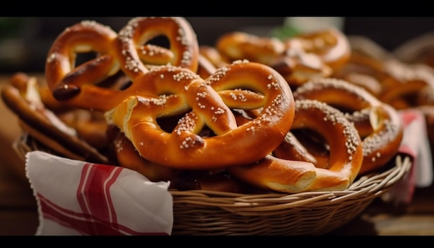 Free photo salted pretzels in basket a bavarian tradition generated by ai