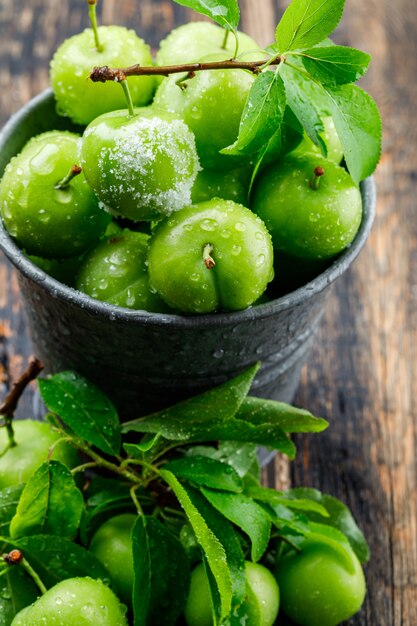 Salty green plums in a mini bucket with leaves high angle view on a wooden wall