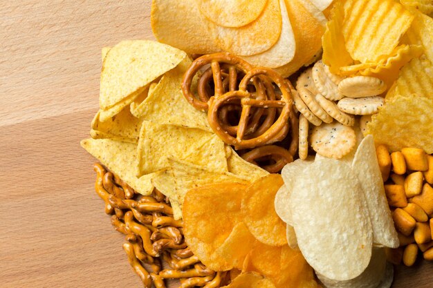 Salty snacks. Pretzels, chips, crackers