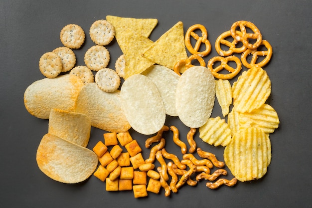 Salty snacks. Pretzels, chips, crackers