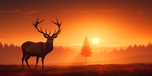 The same elk stands in the soft glow of dawn its silhouette now warmed by the rising sun