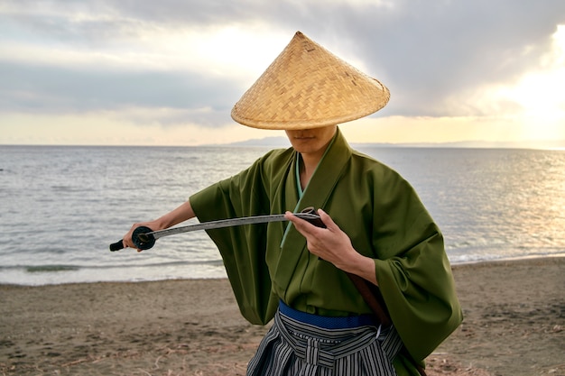 samurai with sword outdoors