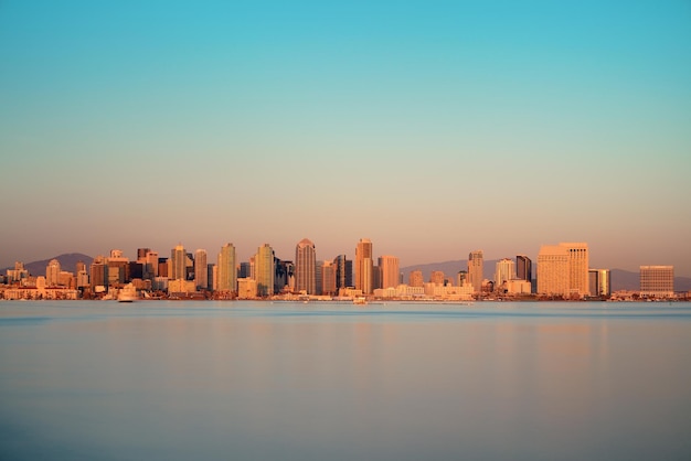 San Diego city skyline and bay at sunset