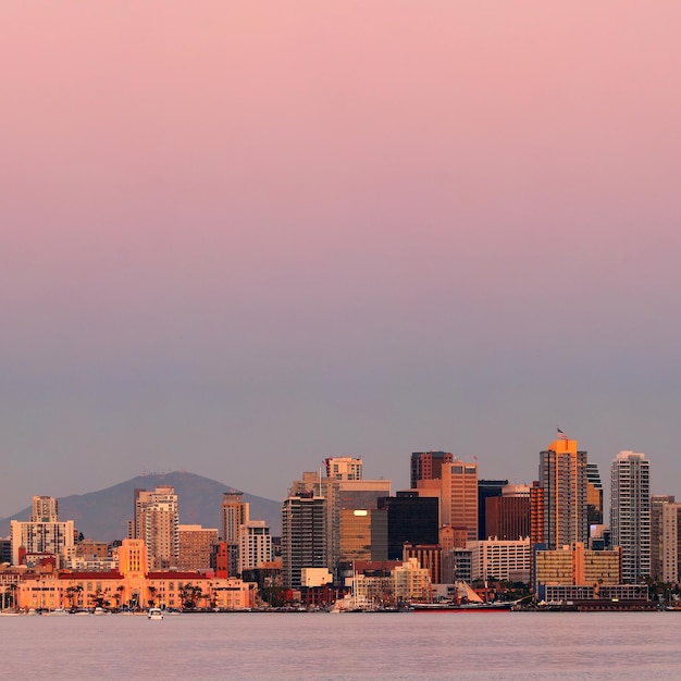 San Diego city skyline and bay at sunset