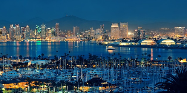 Free photo san diego downtown skyline at night with boat in harbor.