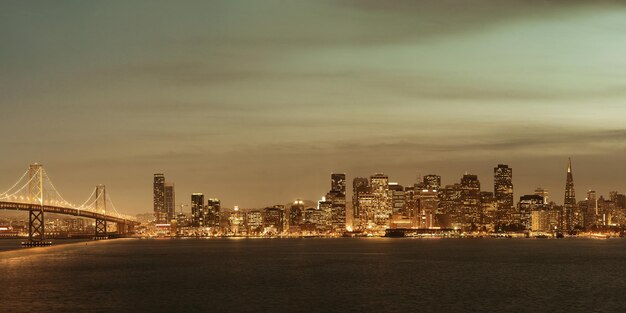 San Francisco city skyline panorama with urban architectures at night.