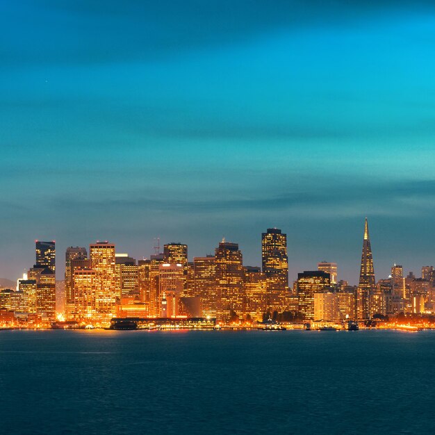 San Francisco city skyline with urban architectures at night.