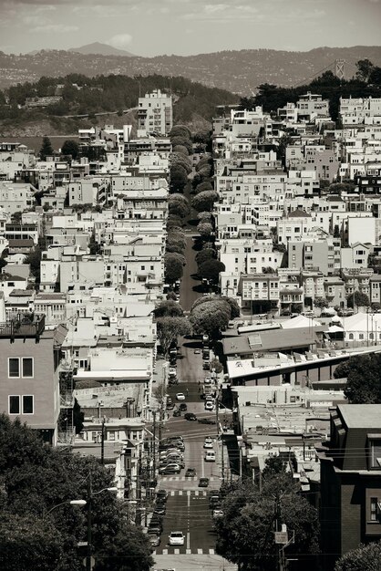 San Francisco street view on hills viewed from top of Lombard Street