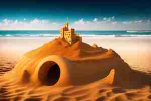 Free photo a sand castle on a beach with a blue sky in the background.