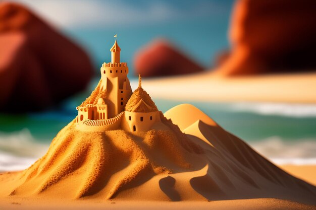 Sand castle on a beach with a blue sky in the background