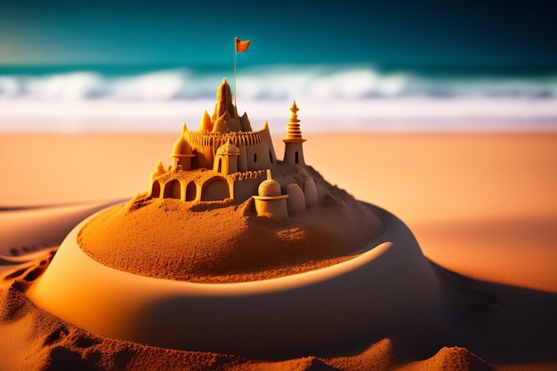 Free photo sand castle on a beach with a blue sky in the background