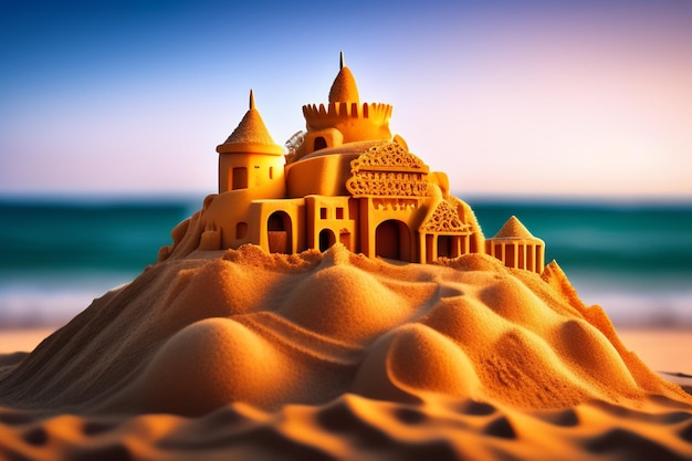 Free photo sand castle on a beach with a blue sky in the background