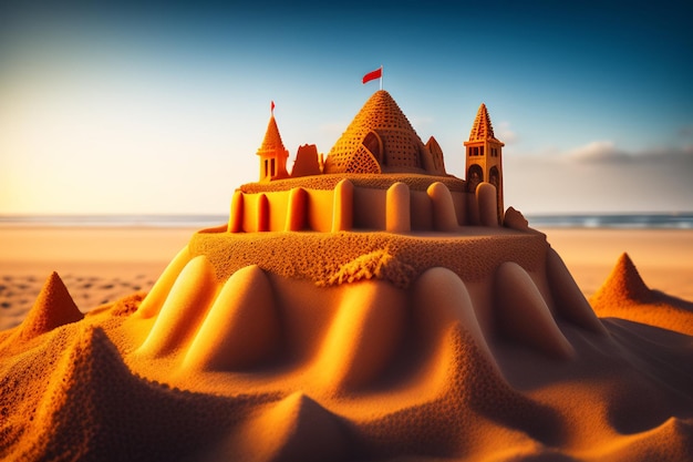 Free photo sand castle on a beach with a blue sky in the background