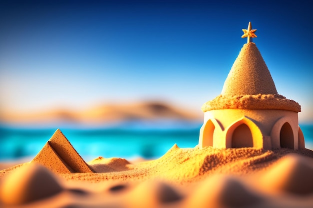 Free photo sand castle on the beach with a pyramid in the background