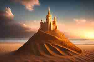 Free photo sand castle on a beach with a sunset in the background