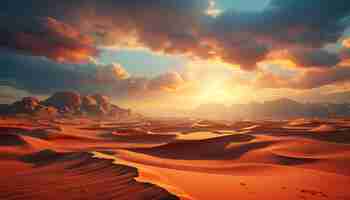 Foto gratuita paesaggio di dune di sabbia tramonto cielo luce solare su terreno arido generato dall'intelligenza artificiale