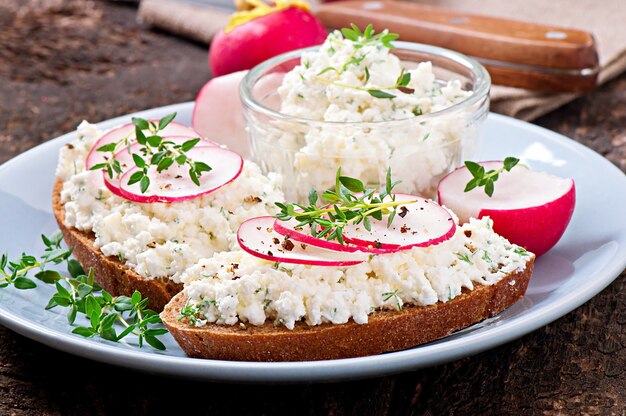 Sandwich with cottage cheese, radish, black pepper and thyme