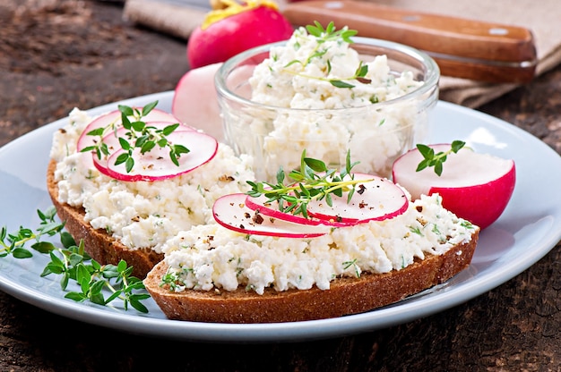 Sandwich with cottage cheese, radish, black pepper and thyme