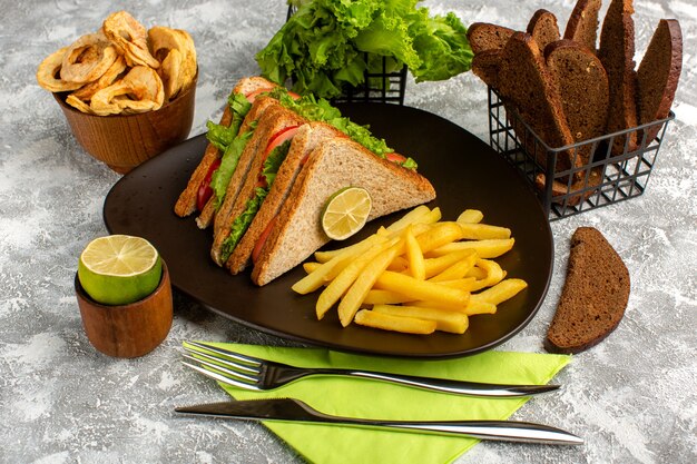 sandwiches and fries along with black bread on grey