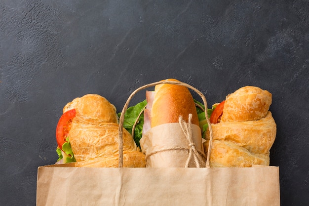 Sandwiches in paper bag top view