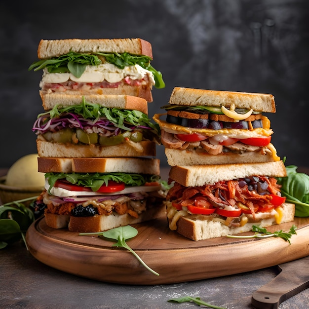 Sandwiches with meat cheese and vegetables on a dark background