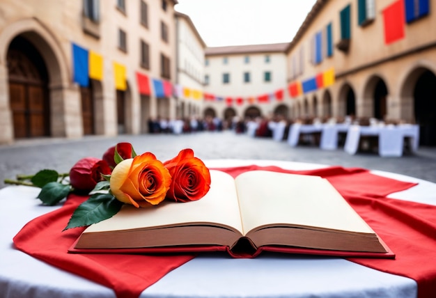 Foto gratuita celebrazione di sant jordi con libro e rosa