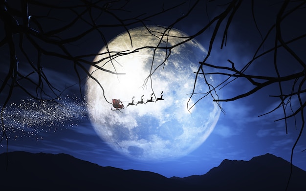 Santa Claus and his sleigh flying in a moonlit sky