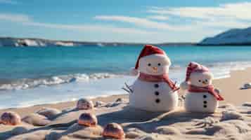 無料写真 サンタの帽子と砂の上に座っているビーチスノーマン
