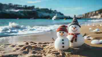 Foto gratuita il cappello di babbo natale e un pupazzo di neve sulla spiaggia seduti nella sabbia