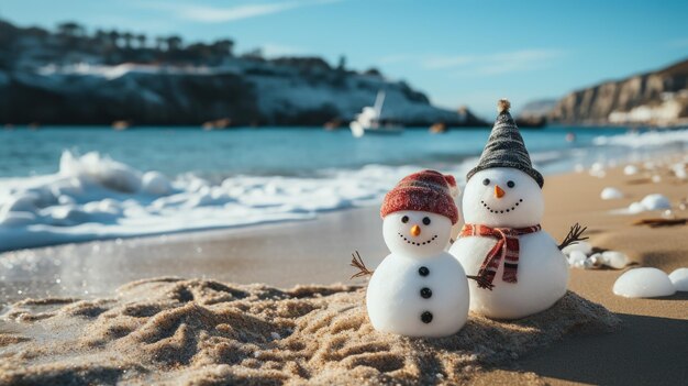 サンタの帽子と砂の上に座っているビーチスノーマン