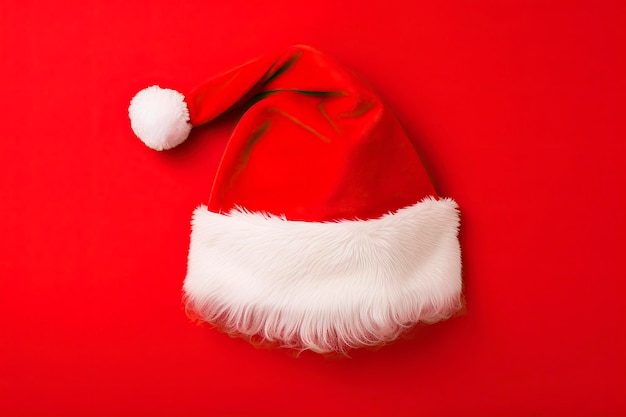 Foto gratuita cappello da babbo natale su sfondo rosso vista dall'alto