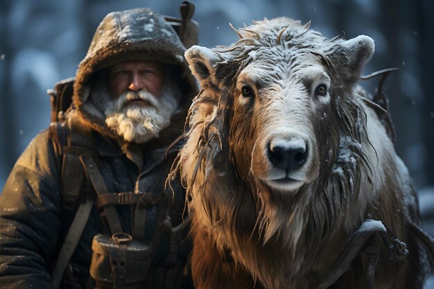 Free Photo santa and his favorite reindeer together in the cold north pole on christmas eve